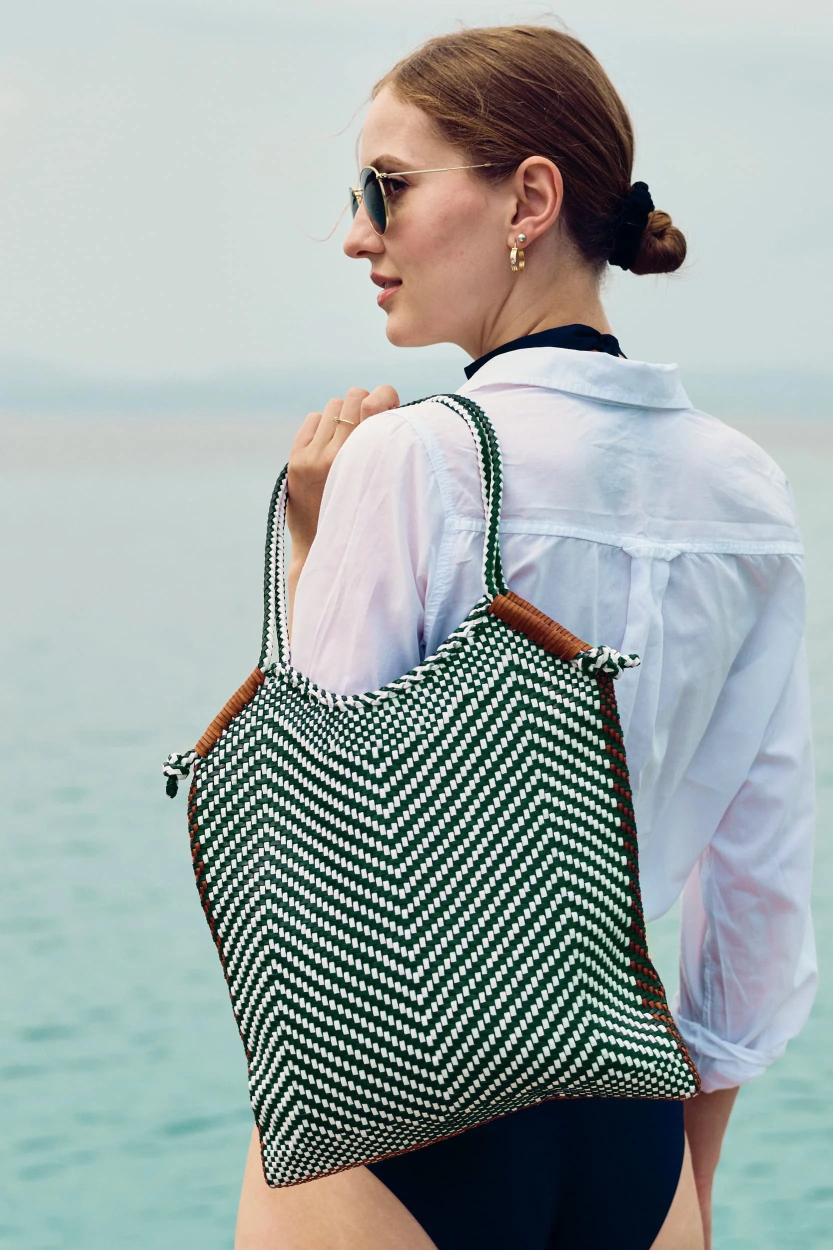 MINGA TOTE WHITE / FOREST GREEN / TAN